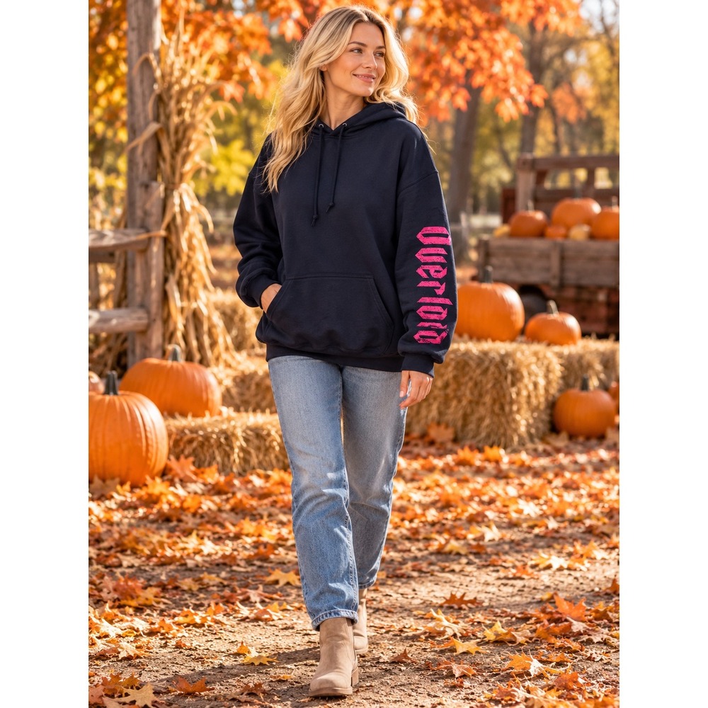 Gildan Heavy Blend Hoodie Black Pink Sleeve Graphic Pullover Sweatshirt Large